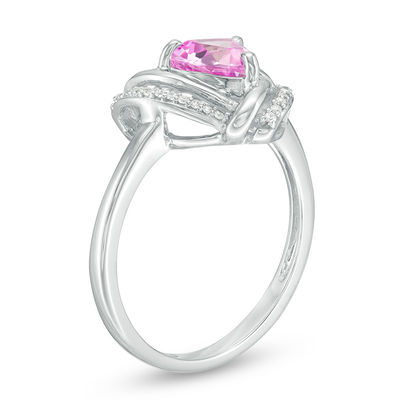 6.0mm Trillion-Cut Lab-Created Pink Sapphire and 0.09 CT. T.W. Diamond Swirl Frame Ring in Sterling Silver