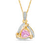 6.0mm Trillion-Cut Lab-Created Pink Sapphire and Diamond Accent Swirl Frame Pendant in 10K Gold