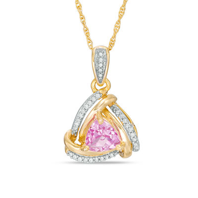 6.0mm Trillion-Cut Lab-Created Pink Sapphire and Diamond Accent Swirl Frame Pendant in 10K Gold