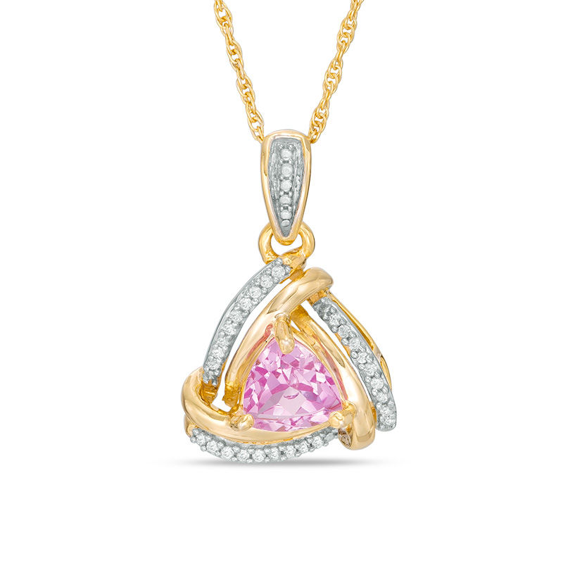 6.0mm Trillion-Cut Lab-Created Pink Sapphire and Diamond Accent Swirl Frame Pendant in 10K Gold|Peoples Jewellers