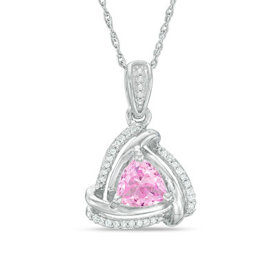 6.0mm Trillion-Cut Lab-Created Pink Sapphire and Diamond Accent  Swirl Frame Pendant in Sterling Silver