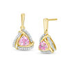 5.0mm Trillion-Cut Lab-Created Pink Sapphire and 0.15 CT. T.W. Diamond Swirl Frame Drop Earrings in 10K Gold