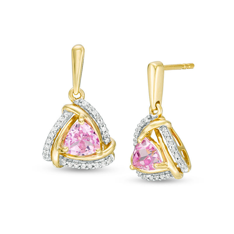 5.0mm Trillion-Cut Lab-Created Pink Sapphire and 0.15 CT. T.W. Diamond Swirl Frame Drop Earrings in 10K Gold|Peoples Jewellers