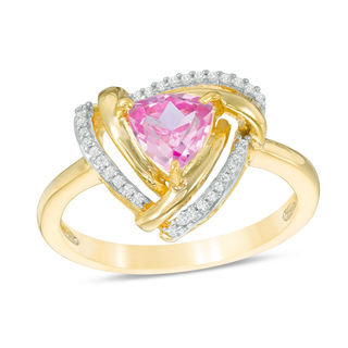 6.0mm Trillion-Cut Lab-Created Pink Sapphire and 0.09 CT. T.W. Diamond Swirl Frame Ring in 10K Gold