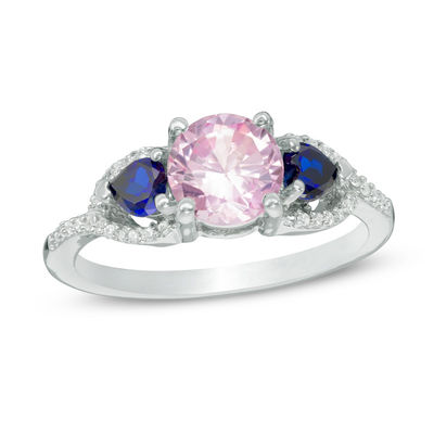 Lab-Created Pink Sapphire, Heart-Shaped Lab-Created Blue Sapphire and Diamond Accent Three Stone Ring in Sterling Silver