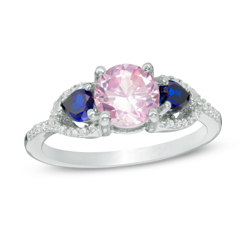 Lab-Created Pink Sapphire, Heart-Shaped Lab-Created Blue Sapphire and Diamond Accent Three Stone Ring in Sterling Silver|Peoples Jewellers