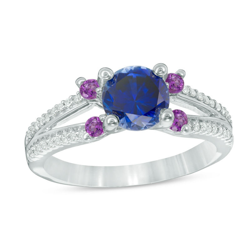 6.5mm Lab-Created Blue Sapphire, Amethyst and 0.15 CT. T.W. Diamond Split Shank Ring in 10K White Gold|Peoples Jewellers