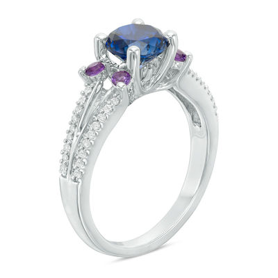 6.5mm Lab-Created Blue Sapphire, Amethyst and 0.15 CT. T.W. Diamond Split Shank Ring in 10K White Gold