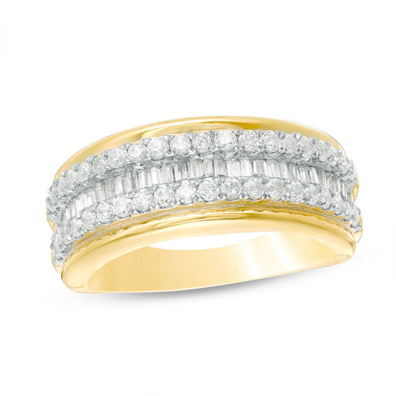 0.70 CT. T.W. Baguette and Round Diamond Multi-Row Band in 10K Gold