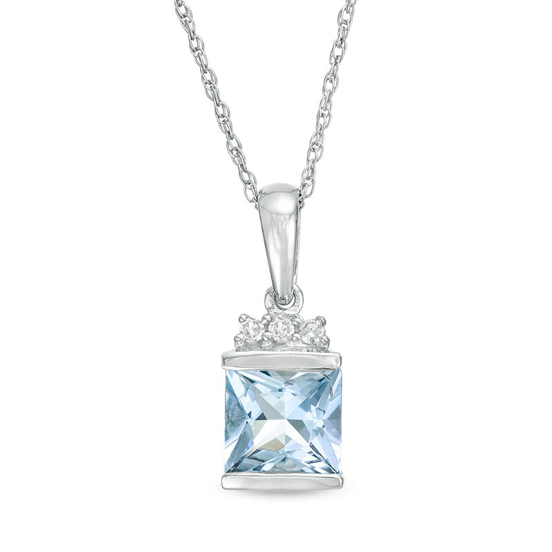 6.0mm Princess-Cut Aquamarine and Diamond Accent Trio Drop Pendant in 10K White Gold|Peoples Jewellers