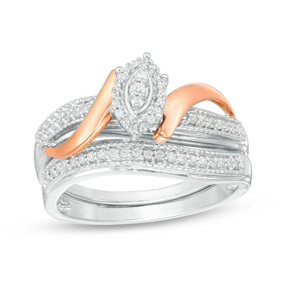 0.18 CT. T.W. Composite Diamond Marquise Bypass Ribbon Bridal Set in 10K Two-Tone Gold