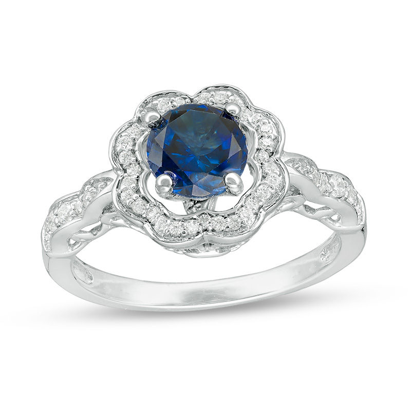 6.4mm Lab-Created Blue Sapphire and 0.23 CT. T.W. Diamond Flower Frame Engagement Ring in Sterling Silver|Peoples Jewellers