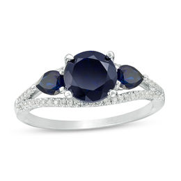 Lab-Created Blue Sapphire and 0.23 CT. T.W. Diamond Split Shank Engagement Ring in Sterling Silver