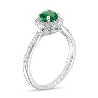 5.2mm Lab-Created Emerald, White Sapphire and 0.09 CT. T.W. Diamond Flower Frame Engagement Ring in Sterling Silver