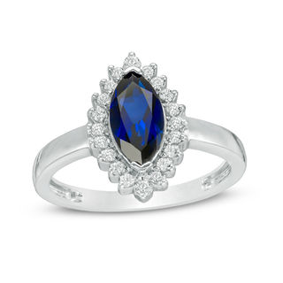 Marquise Lab-Created Blue and White Sapphire Sunburst Frame Ring in Sterling Silver