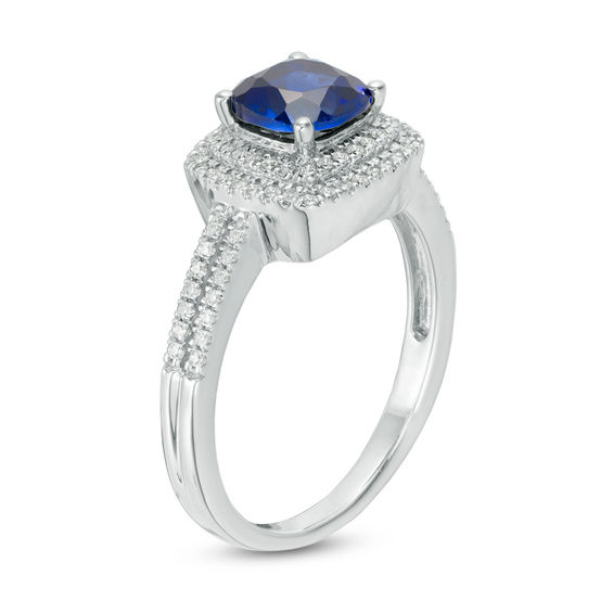 6.0mm Cushion-Cut Lab-Created Blue Sapphire and 0.23 CT. T.W. Diamond Double Frame Engagement Ring in 10K White Gold