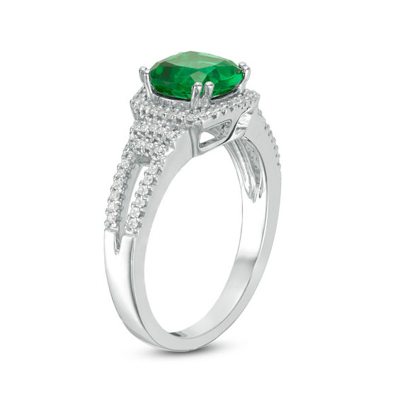 7.0mm Cushion-Cut Lab-Created Emerald and 0.18 CT. T.W. Diamond Collar Engagement Ring in Sterling Silver