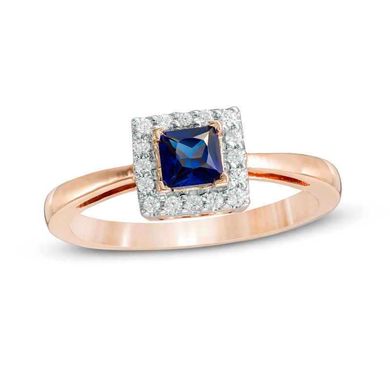 4.0mm Princess-Cut Lab-Created Blue Sapphire and 0.09 CT. T.W. Diamond Square Frame Engagement Ring in 10K Rose Gold|Peoples Jewellers