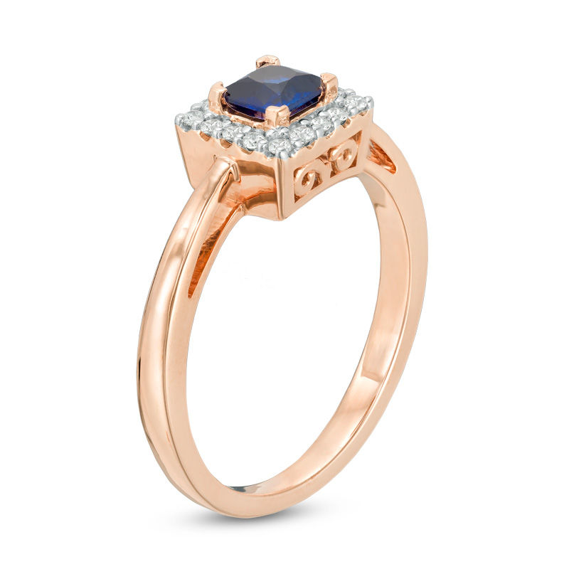 4.0mm Princess-Cut Lab-Created Blue Sapphire and 0.09 CT. T.W. Diamond Square Frame Engagement Ring in 10K Rose Gold|Peoples Jewellers