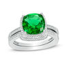 Thumbnail Image 0 of 9.0mm Cushion-Cut Lab-Created Emerald and 0.18 CT. T.W. Diamond Frame Bridal Set in 10K White Gold