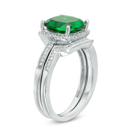 9.0mm Cushion-Cut Lab-Created Emerald and 0.18 CT. T.W. Diamond Frame Bridal Set in 10K White Gold