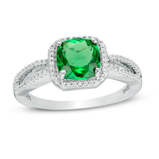 7.0mm Cushion-Cut Lab-Created Emerald and 0.115 CT. T.W. Diamond Frame Split Shank Engagement Ring in 10K White Gold