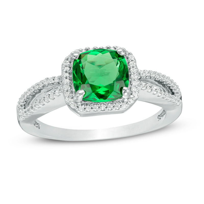 7.0mm Cushion-Cut Lab-Created Emerald and 0.115 CT. T.W. Diamond Frame Split Shank Engagement Ring in 10K White Gold|Peoples Jewellers