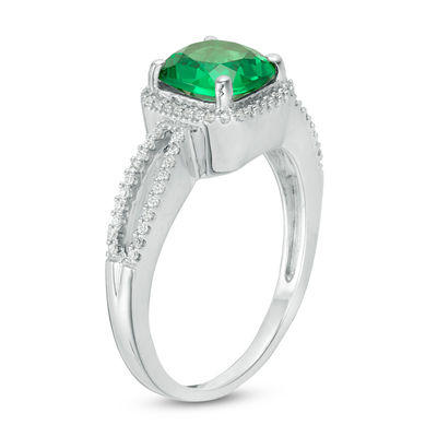 7.0mm Cushion-Cut Lab-Created Emerald and 0.115 CT. T.W. Diamond Frame Split Shank Engagement Ring in 10K White Gold