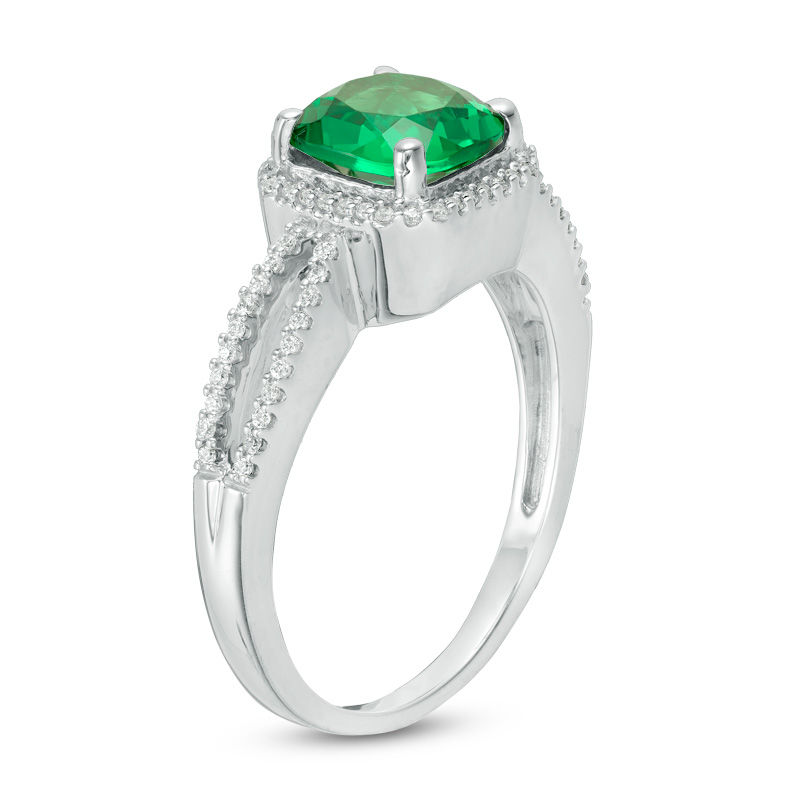 7.0mm Cushion-Cut Lab-Created Emerald and 0.115 CT. T.W. Diamond Frame Split Shank Engagement Ring in 10K White Gold|Peoples Jewellers