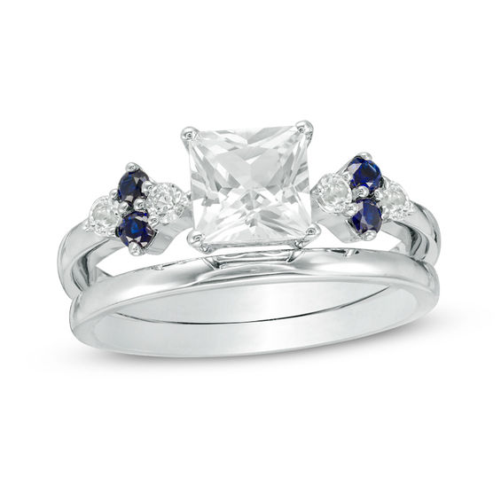 5.0mm Princess-Cut Lab-Created White and Blue Sapphire Quad-Sides Bridal Set in Sterling Silver