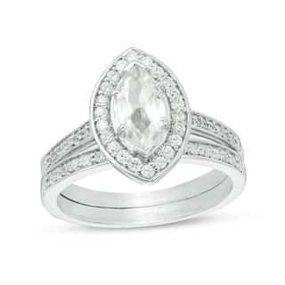 Marquise Lab-Created White Sapphire and 0.30 CT. T.W. Diamond Frame Bridal Set in Sterling Silver