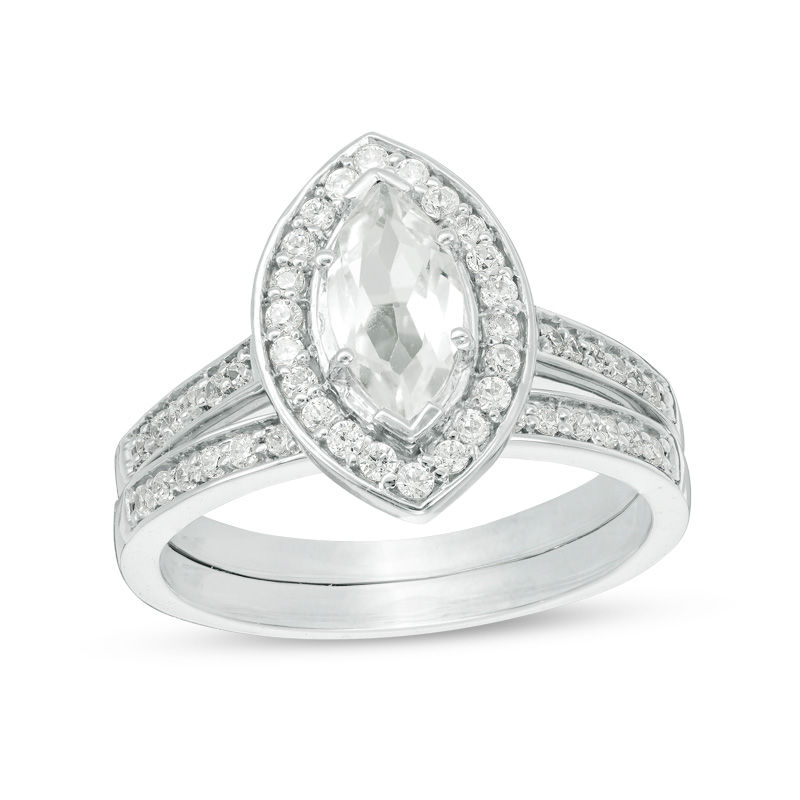 Marquise Lab-Created White Sapphire and 0.30 CT. T.W. Diamond Frame Bridal Set in Sterling Silver|Peoples Jewellers
