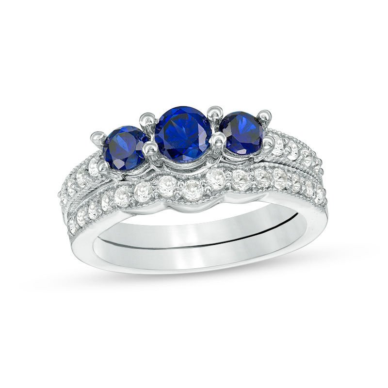 4.5mm Lab-Created Blue and White Sapphire Three Stone Bridal Set in Sterling Silver|Peoples Jewellers