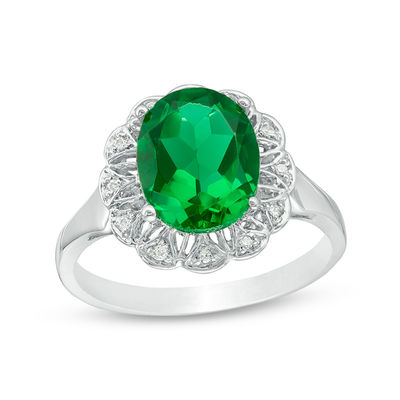 Oval Lab-Created Emerald and 0.04 CT. T.W. Diamond Scallop Frame Engagement Ring in 10K White Gold