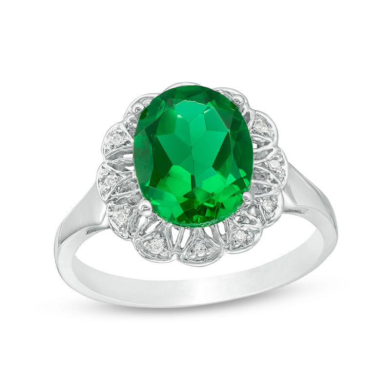 Oval Lab-Created Emerald and 0.04 CT. T.W. Diamond Scallop Frame Engagement Ring in 10K White Gold|Peoples Jewellers