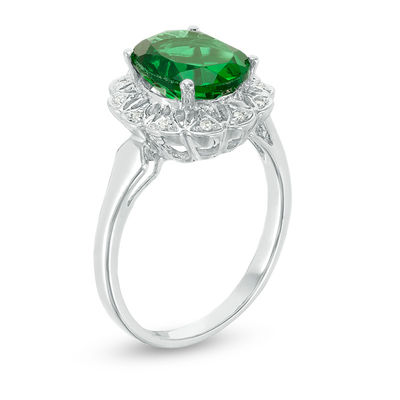 Oval Lab-Created Emerald and 0.04 CT. T.W. Diamond Scallop Frame Engagement Ring in 10K White Gold