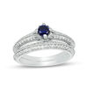 Thumbnail Image 0 of Lab-Created Blue Sapphire and 0.33 CT. T.W. Diamond Vintage-Style Bridal Set in 10K White Gold