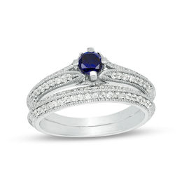 Lab-Created Blue Sapphire and 0.33 CT. T.W. Diamond Vintage-Style Bridal Set in 10K White Gold