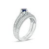 Thumbnail Image 1 of Lab-Created Blue Sapphire and 0.33 CT. T.W. Diamond Vintage-Style Bridal Set in 10K White Gold