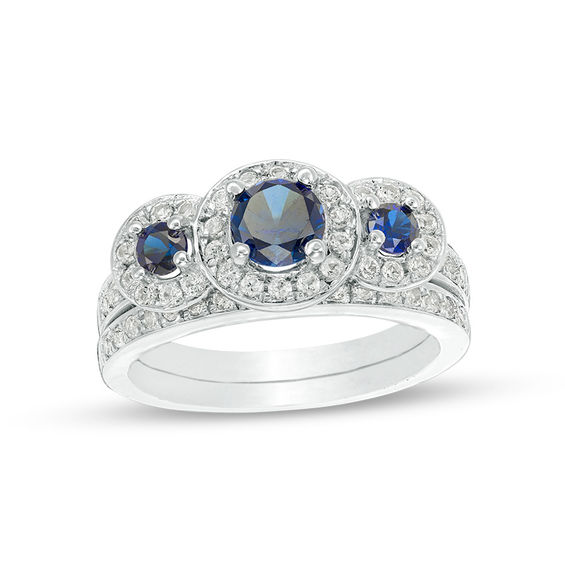 Lab-Created Blue and White Sapphire Frame Three Stone Bridal Set in 10K White Gold