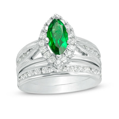 Marquise Lab-Created Emerald and 0.95 CT. T.W. Diamond Frame Bridal Set in 10K White Gold