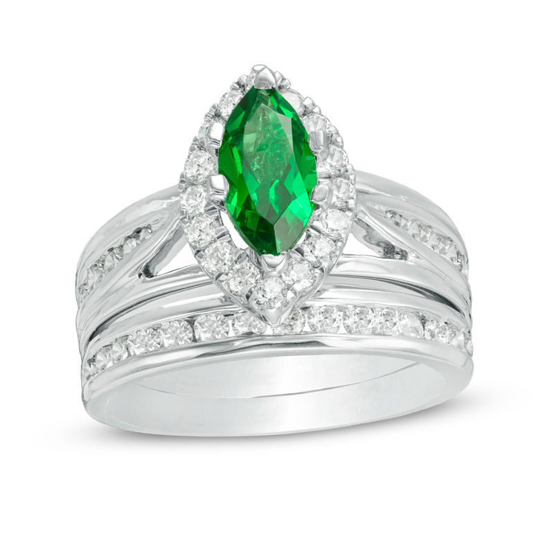 Marquise Lab-Created Emerald and 0.95 CT. T.W. Diamond Frame Bridal Set in 10K White Gold|Peoples Jewellers