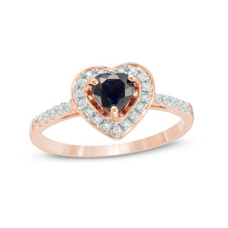 5.0mm Lab-Created Blue Sapphire and 0.15 CT. T.W. Diamond Heart Frame Engagement Ring in 10K Rose Gold