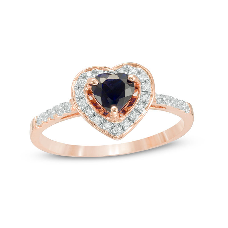 5.0mm Lab-Created Blue Sapphire and 0.15 CT. T.W. Diamond Heart Frame Engagement Ring in 10K Rose Gold