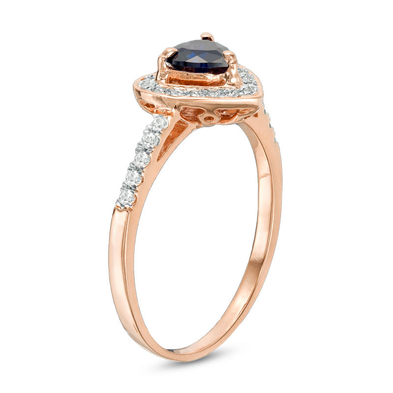 5.0mm Lab-Created Blue Sapphire and 0.15 CT. T.W. Diamond Heart Frame Engagement Ring in 10K Rose Gold|Peoples Jewellers