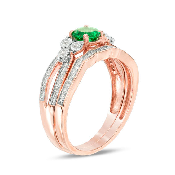 5.8mm Lab-Created Emerald and 0.18 CT. T.W. Diamond Tri-Sides Bridal Set in 10K Rose Gold