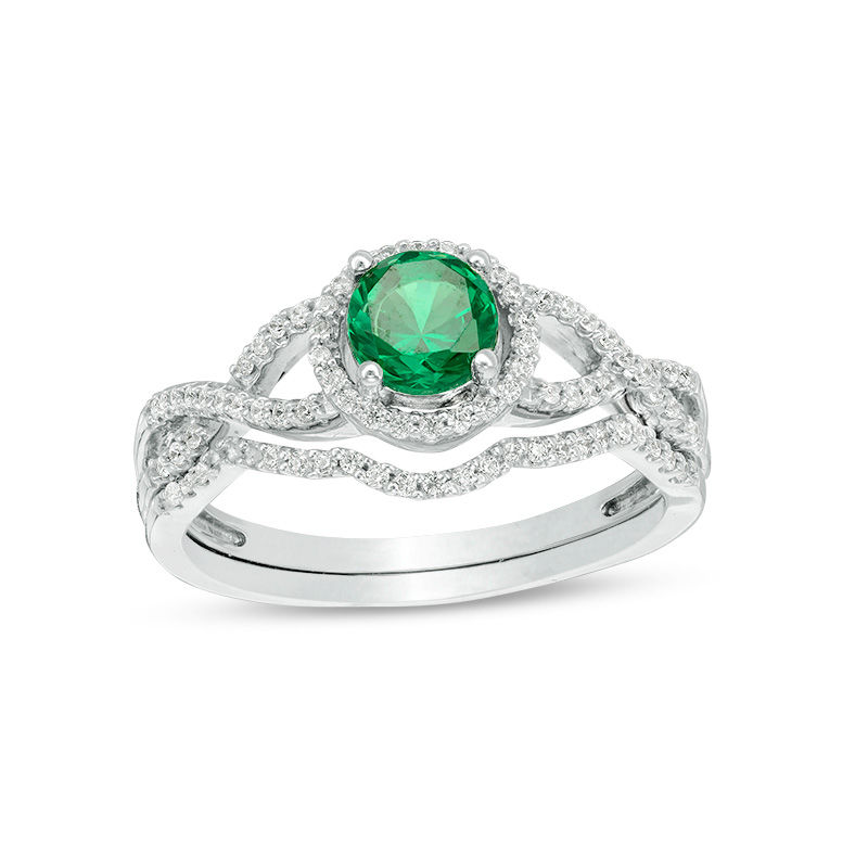 5.2mm Lab-Created Emerald and 0.23 CT. T.W. Diamond Twist Shank Bridal Set in 10K White Gold|Peoples Jewellers