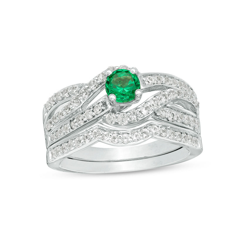 4.5mm Lab-Created Emerald and White Sapphire Bypass Bridal Set in 10K White Gold