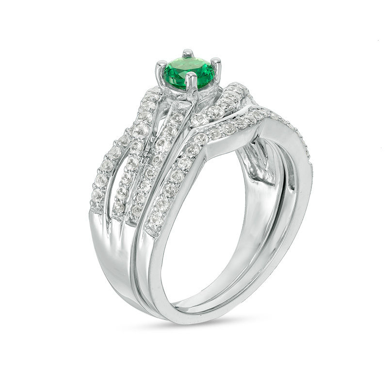4.5mm Lab-Created Emerald and White Sapphire Bypass Bridal Set in 10K White Gold