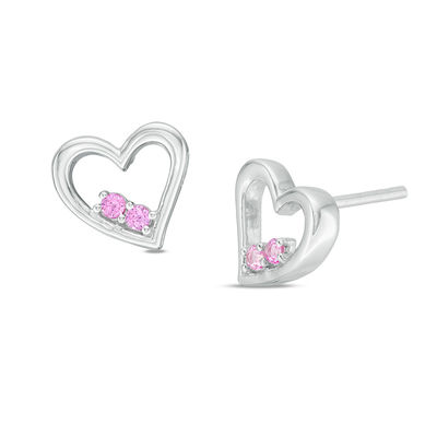 Lab-Created Pink Sapphire Two-Stone Heart Stud Earrings in Sterling Silver